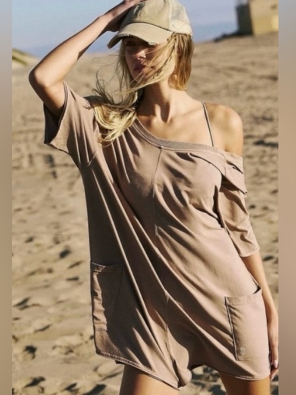 FREE PEOPLE HOT SHOT TEE ROMPER MOCHA LATTE